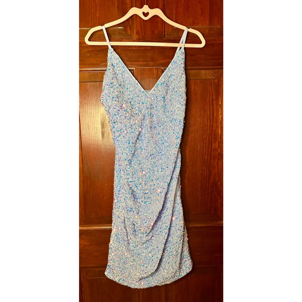 Large (runs small) sparkly shimmery light blue velvet spaghetti strap dress